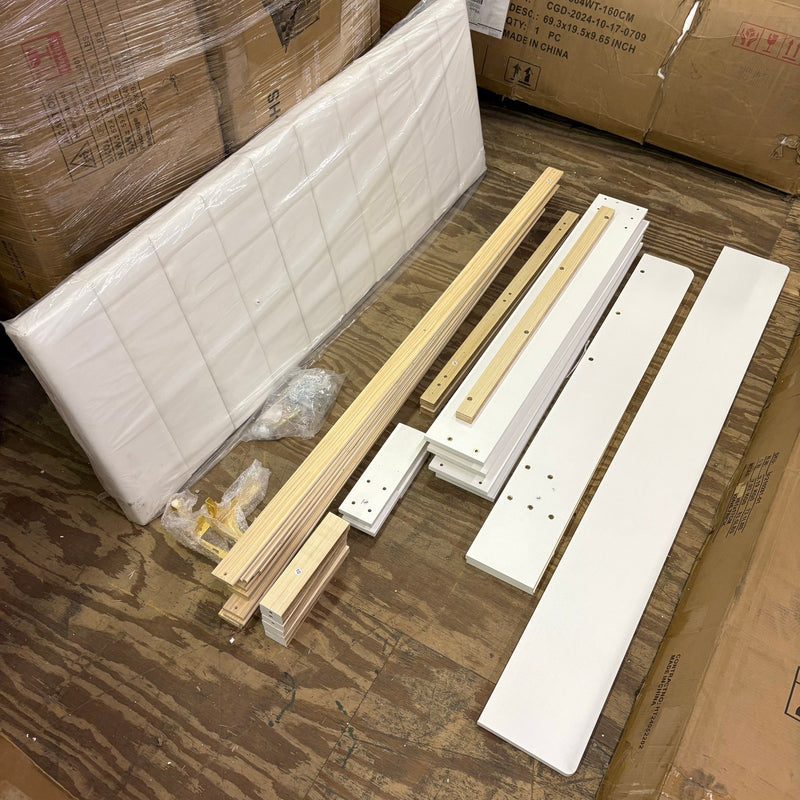 Queen Platform Bed with White Wood Frame, Upholstered Headboard, Gold Edged Panels