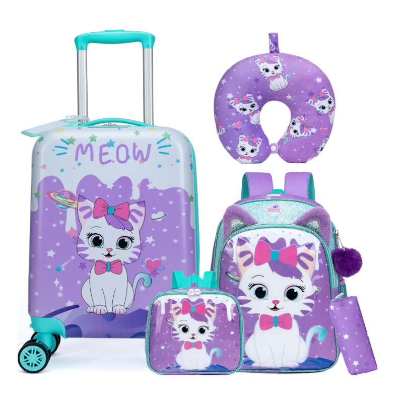 Inprof Cute Cat Kid’s Luggage Set 5-Piece Suitcase Set 16’’ Hardside Luggage