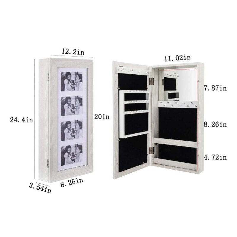 Bonnlo Mirrored Jewelry Armoire with Lock Box Photo Frame Feature Gray Wood 24"x12"x4"