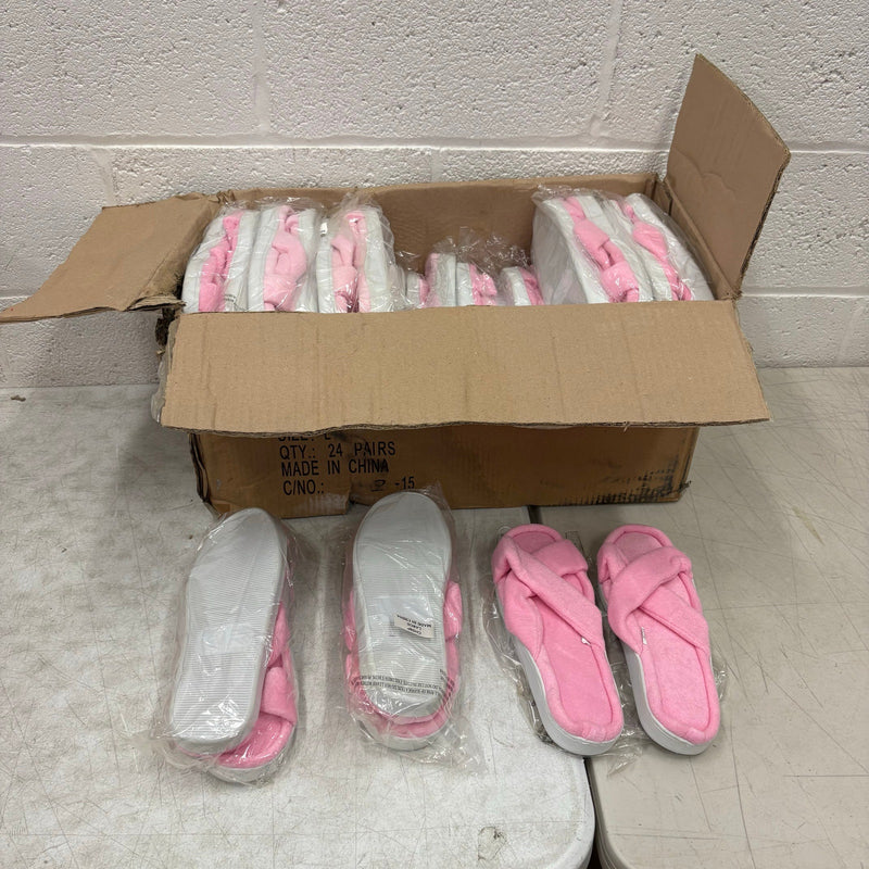 LOT-OF-24 Criss Cross Slippers LARGE, Memory Foam, Rubber Bottom - Pink / White