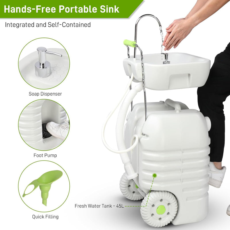 VINGLI 45L Portable Sink: Rolling Hand Wash Stand, Towel Holder & Soap Dispenser