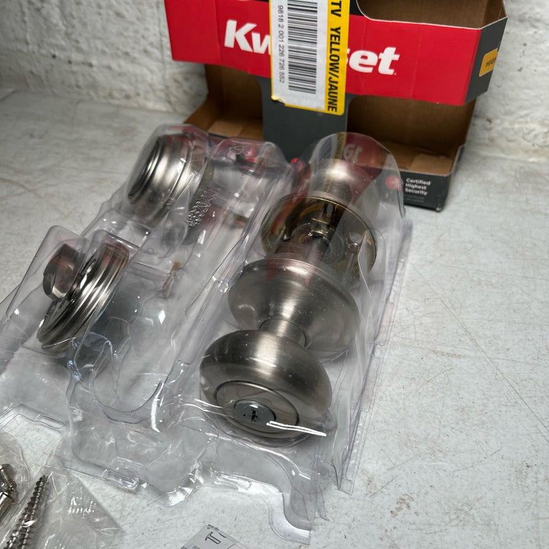 Kwikset Juno Exterior Entry Door Knob& Single Cylinder Deadbolt Set Satin Nickel