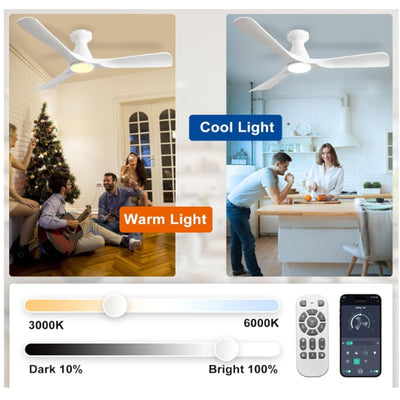 Depuley 52-Inch Ceiling Fan with Light, 3 Blade Flush Mount Low Profile - White