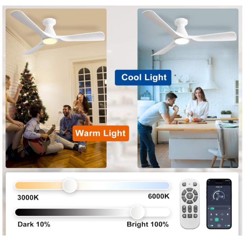 Depuley 52-Inch Ceiling Fan with Light, 3 Blade Flush Mount Low Profile - White