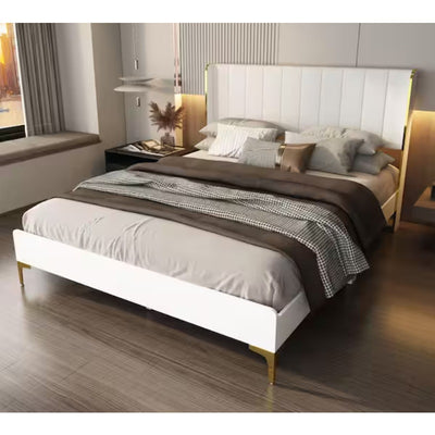 Queen Platform Bed with White Wood Frame, Upholstered Headboard, Gold Edged Panels