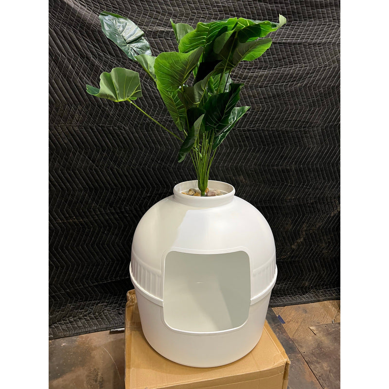 Hawsaiy Hidden Cat Litter Box Enclosure w 40" Faux Plant & Real Stones, White