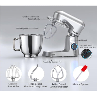 Zurio Stand Mixer with Egg Whisk, Flat Beater & Dough Hook - SM-1531NP, Silver