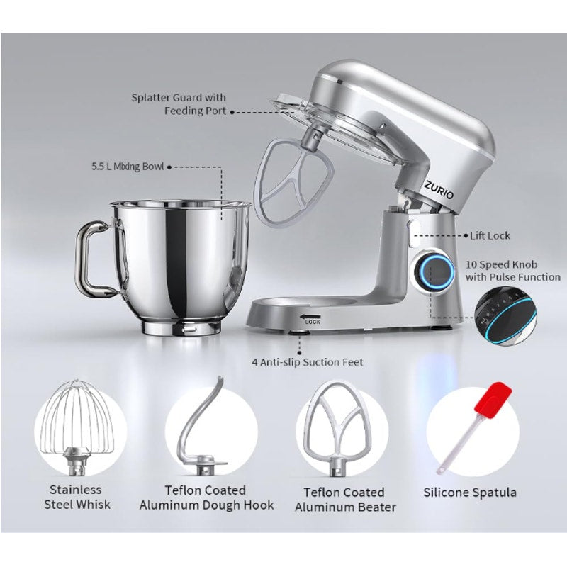 Zurio Stand Mixer with Egg Whisk, Flat Beater & Dough Hook - SM-1531NP, Silver