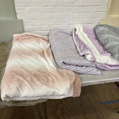 LOT-of-5 Throw Blankets, Plush,  Striped, Reversible Throws, Pink, Purple, Green
