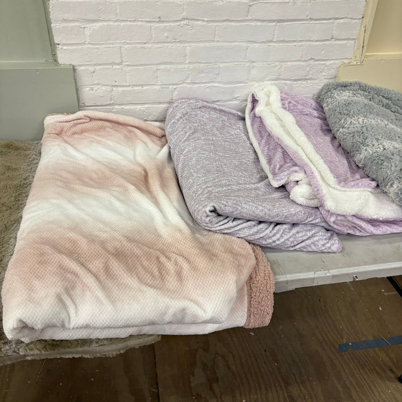 LOT-of-5 Throw Blankets, Plush,  Striped, Reversible Throws, Pink, Purple, Green