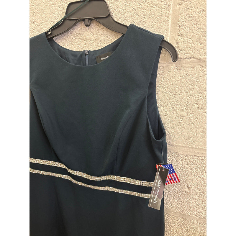 R&M Richards Knee Length Rhinestone Cocktail Dress w Bottom Ruffle Green Sz 14