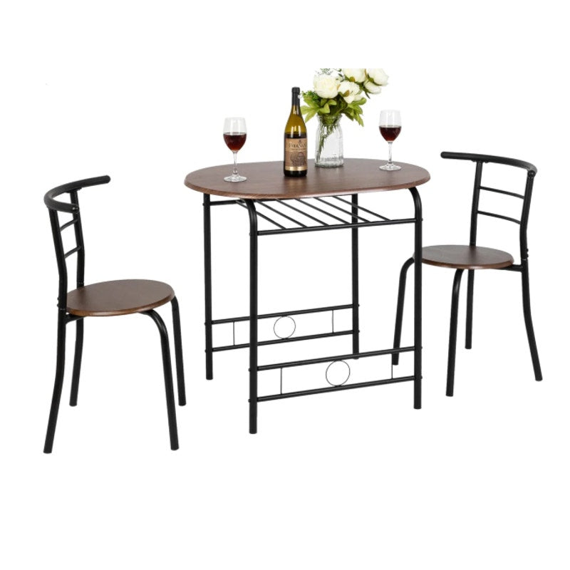 Vingli 3-Piece Dining Set Wooden Table and 2-Chairs w Wine Rack - Black Walnut