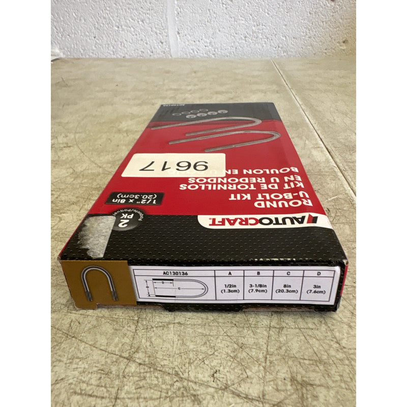 2-PACK AutoCraft Round U Bolt, 1/2" x 3-1/8" x 8, 4 Hex Nuts, 4 Lock Washers