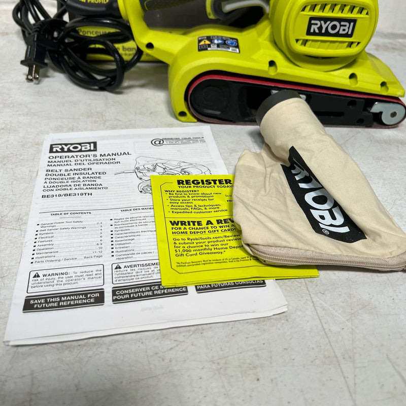 RYOBI 6 Amp Corded 3 in.W x 18 in.L Portable Belt Sander, 820 FRM, Low Profile
