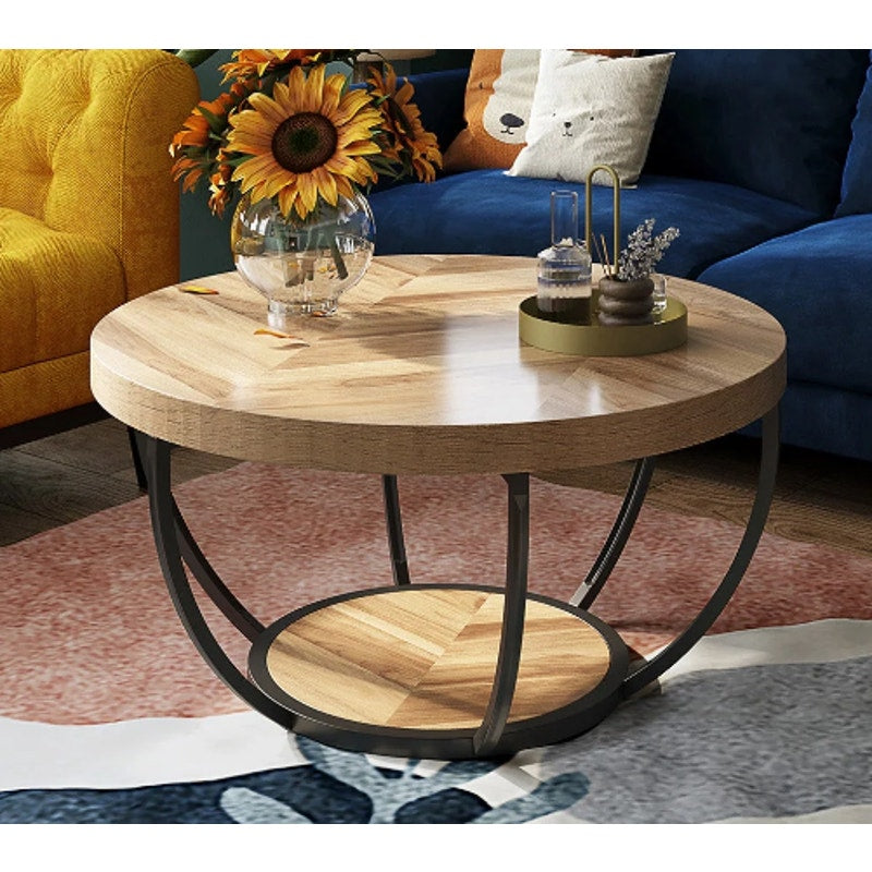 Tribesigns Wooden Coffee Table 2-Tier Round Central Cocktail Table w Shelf 32"