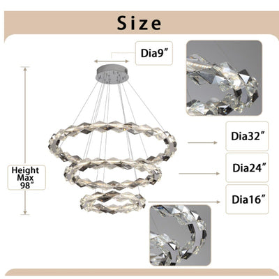 3-Ring Crystal Chandelier, K9 Crystal Chandelier Modern 100" Hanging Light