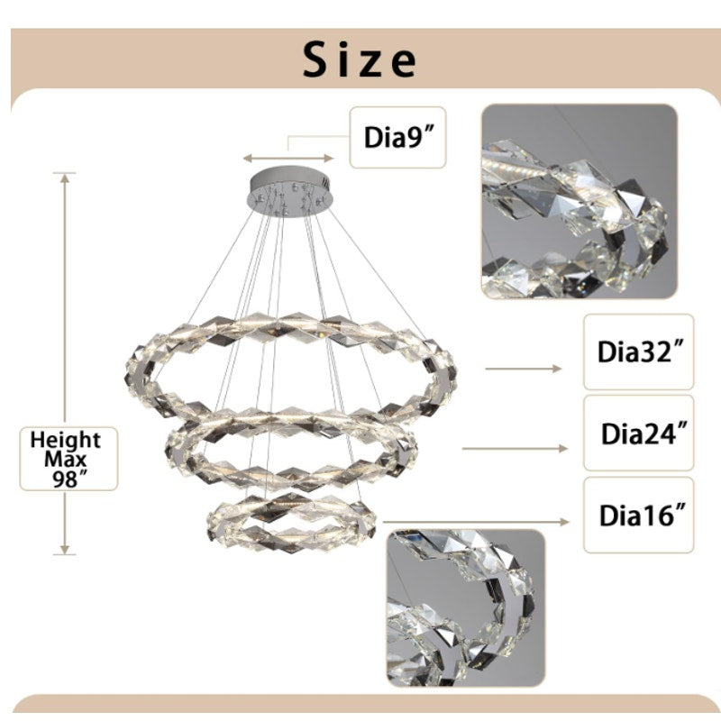 3-Ring Crystal Chandelier, K9 Crystal Chandelier Modern 100" Hanging Light