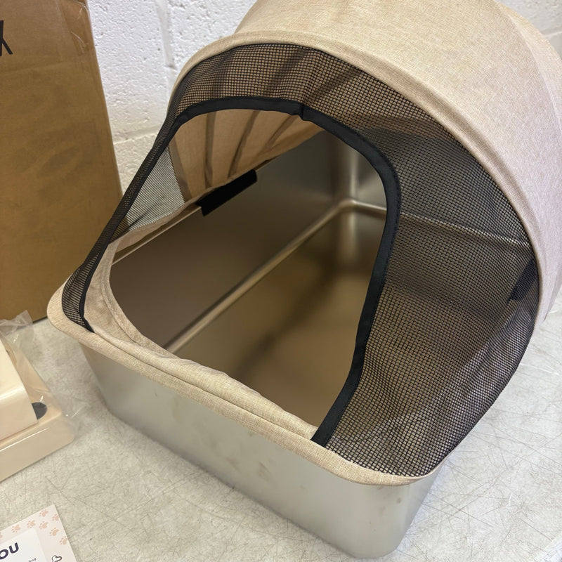 Pacifik Angels Stainless Steel Cat Litter Box w Anti Splash Fabric & Scoop - Tan
