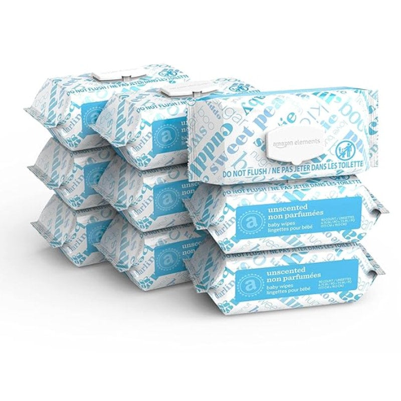 (9 pks of 90) Amazon Elements Baby Wipes, Unscented, Flip-Top Packs, 810 Total