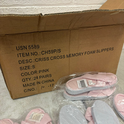 LOT-OF-24 Criss Cross Slippers SMALL, Memory Foam, Rubber Bottom - Pink / White