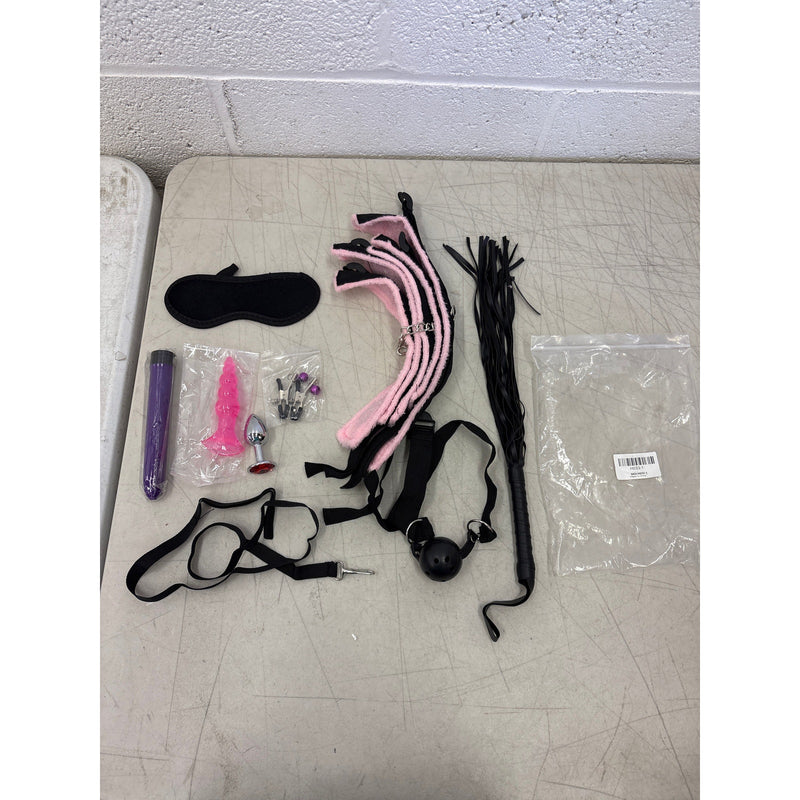 Bondage Kit Adult Handcuffs Ball Gag Nipple Clamps Blindfold Vibrator Plug Whip