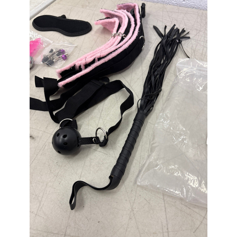 Bondage Kit Adult Handcuffs Ball Gag Nipple Clamps Blindfold Vibrator Plug Whip