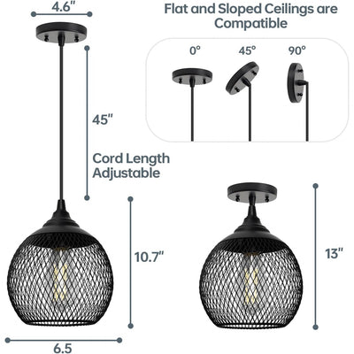 Hanging Cage Chandelier Ceiling Light Hollow Wrought Iron, Black, 6.5" W x 10" H