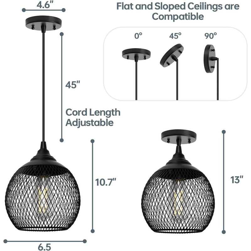 Hanging Cage Chandelier Ceiling Light Hollow Wrought Iron, Black, 6.5" W x 10" H