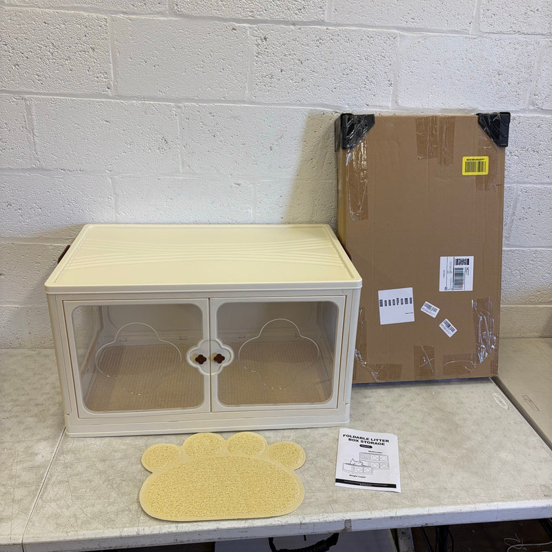 MeexPaws Plastic Foldable Litter Box Storage w 2 Mats, Easy Access Doors - Tan