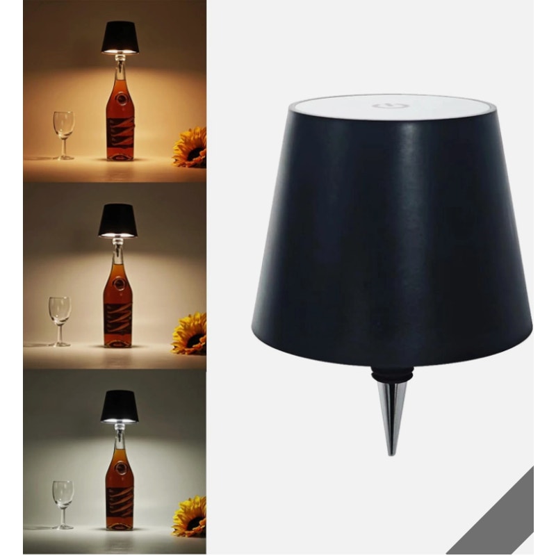 LED Wine Bottle Lamp 3-Color Wireless Bottle Table Touch Control - Black