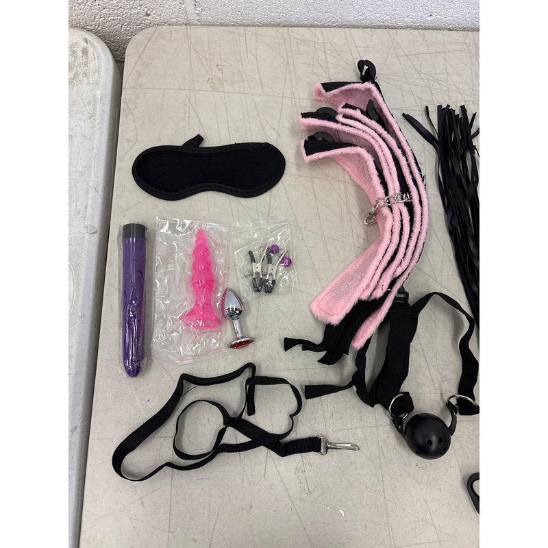 Bondage Kit Adult Handcuffs Ball Gag Nipple Clamps Blindfold Vibrator Plug Whip