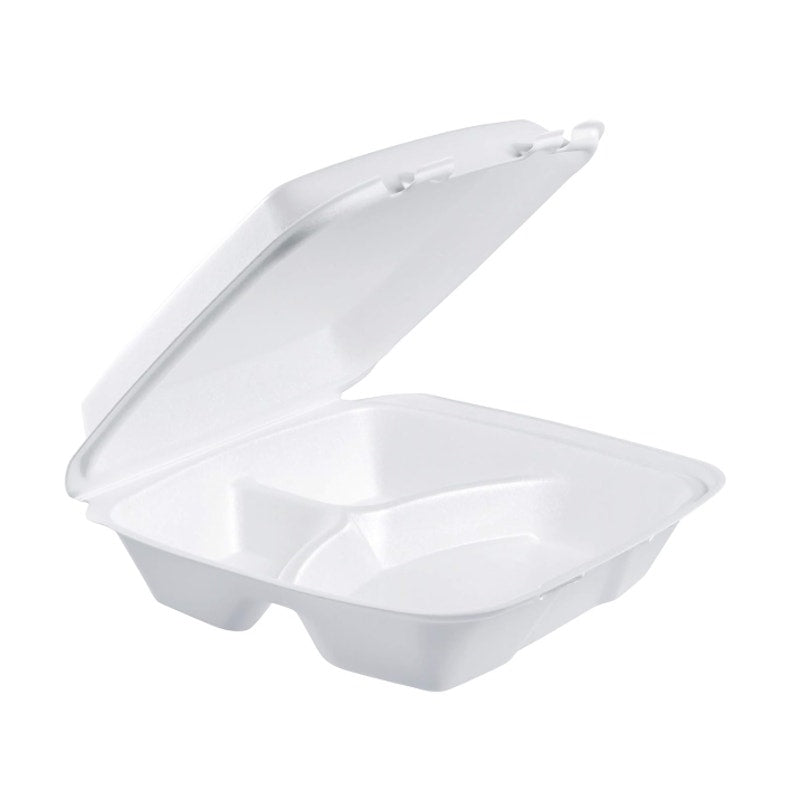 Sysco Foam Hinged Lid Containers White 9" x 9 "x 3", 3-Compartment 200 Pack
