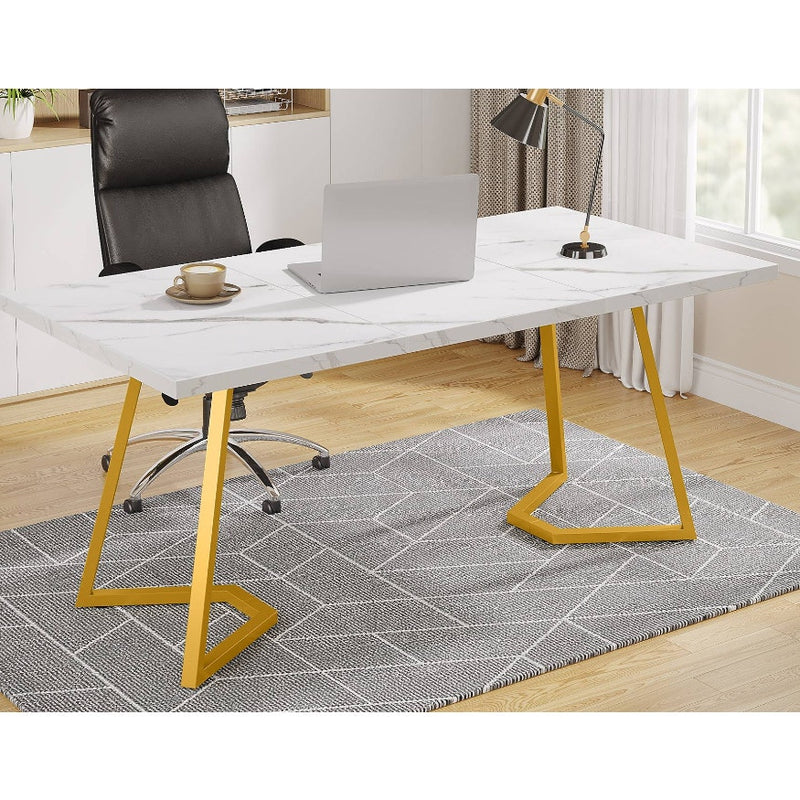 Tribesigns 55"x32" Computer Desk, Faux Marble Study Desk Office Table White/Gold