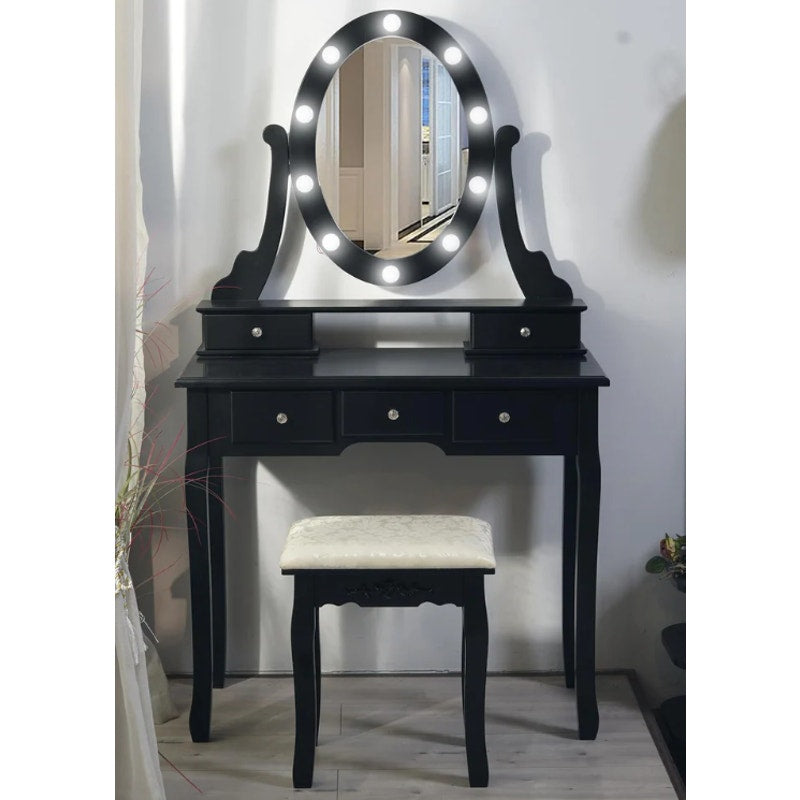 GARVEE Vanity Desk Wood Makeup Dressing Table with Oval Mirror, Lights & Stool