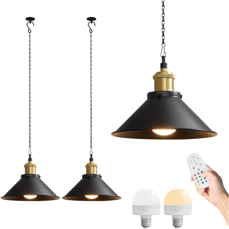 (2pk) Battery Operated Hanging Light w/ Remote & Adjustable Chain - Black
