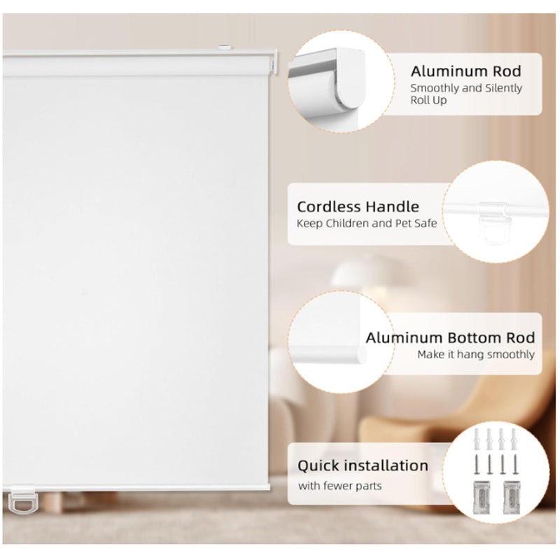 ChrisDowa Cordless Blackout Roller Shades for Windows 47" W x 72" H, White