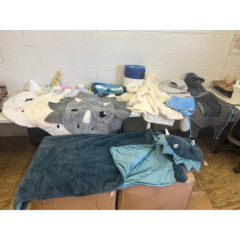 Lot-of-12 Soft Goods, Dino Sleeping Bag, 3 Unicorn Rug, 1 Dino Rug, Robe, 4 Blankets