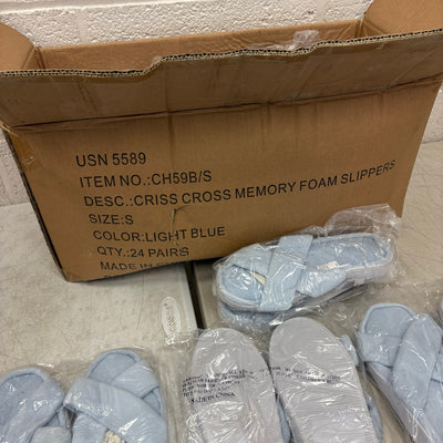 LOT-OF-24 Criss Cross Slippers SMALL, Memory Foam, Rubber Bottom - Blue / White
