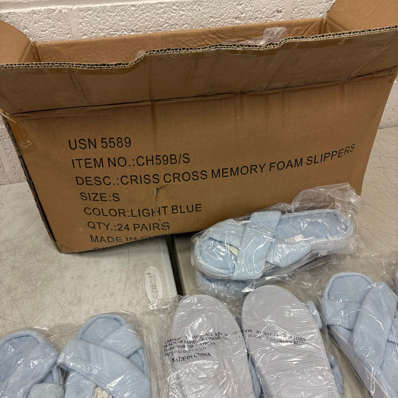 LOT-OF-24 Criss Cross Slippers SMALL, Memory Foam, Rubber Bottom - Blue / White