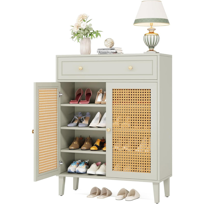 Tribesigns Wooden Shoe Cabinet, Rattan Shoe Organizer w 2- Doors & Drawer, Green