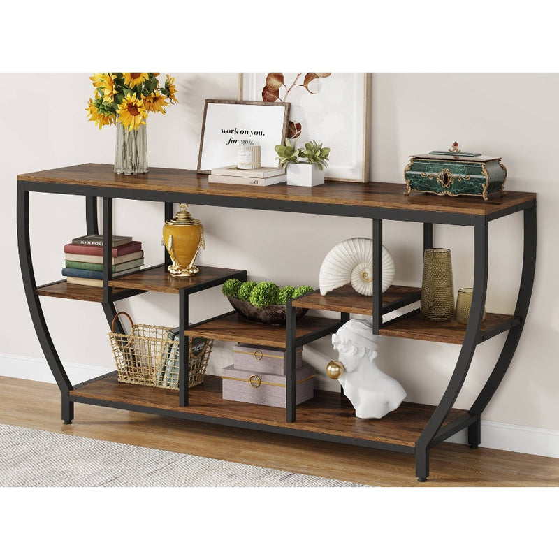 Tribesigns Industrial Console Table 70.9" Entryway Sofa Table w 7-Shelves Brown