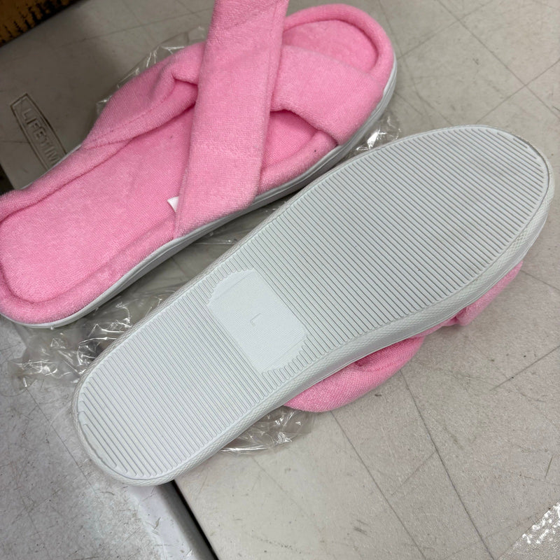 LOT-OF-24 Criss Cross Slippers LARGE, Memory Foam, Rubber Bottom - Pink / White