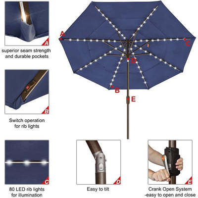 EliteShade LED Patio Market Umbrella (9ft wide), 3-Tier Ventilation - Navy Blue