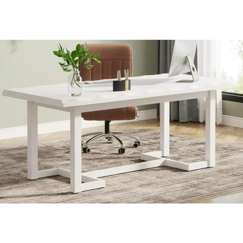 Tribesigns 63" Office Desk Executive Table w Solid Wood Legs & Desktop White