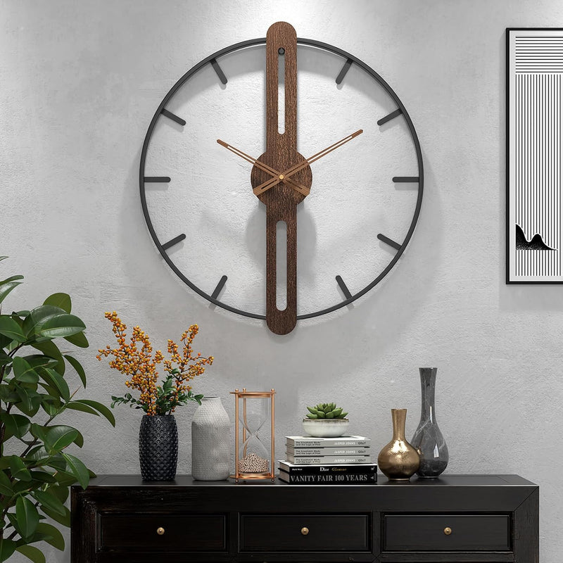 20in Modern Wood Dial Wall Clock with Metal Frame, Silent Non Ticking - Black