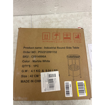 Industrial Round Side Table 15 x 15 x 24 Inches Marble 2 tier, White - Furniture