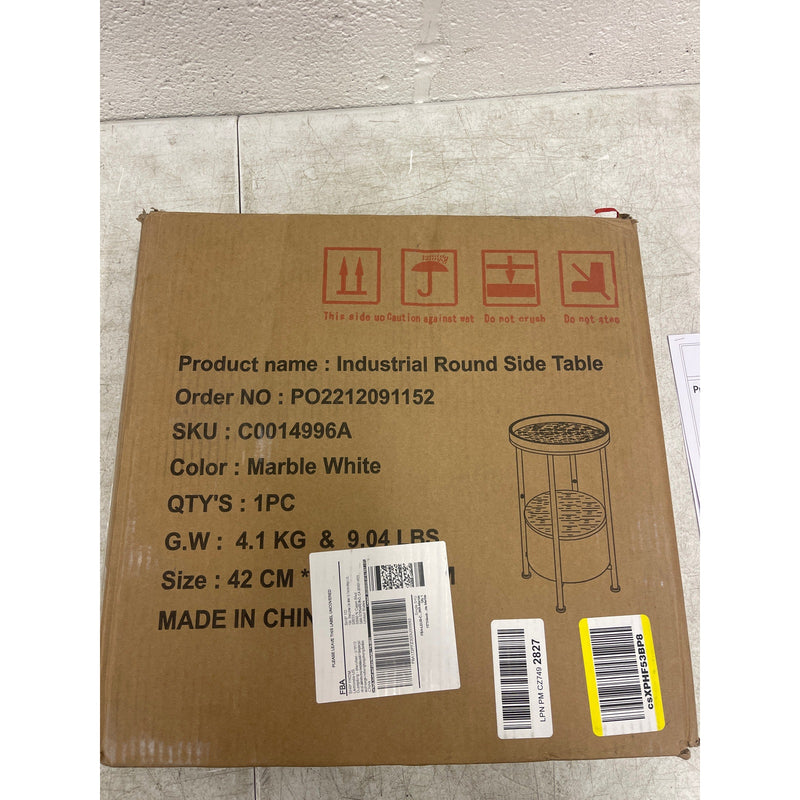 Industrial Round Side Table 15 x 15 x 24 Inches Marble 2 tier, White - Furniture