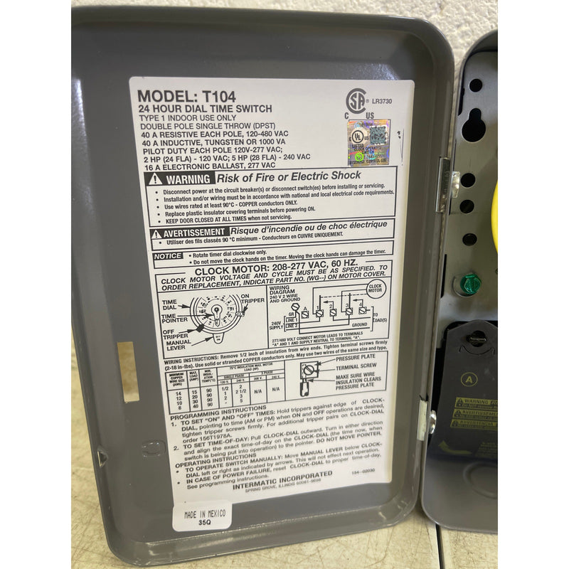 Intermatic T100 Series 40 Amp 24-Hour Indoor Mechanical Timer 240 VAC, Gray