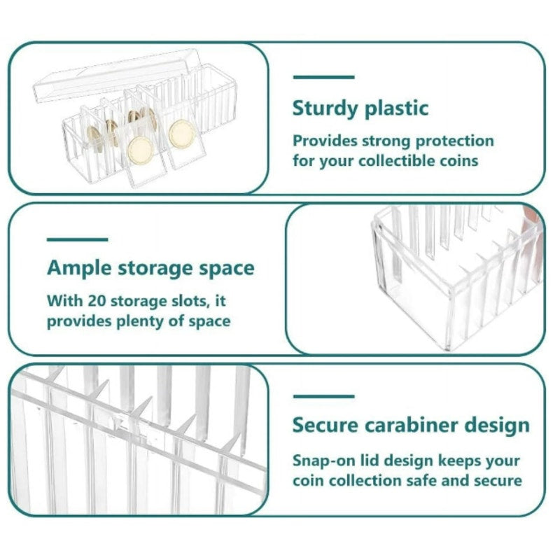 10-Pack Mingt Clear Plastic Coin Storage Box Case 8.5”x2.7”x3.8” 20 Coin Slots