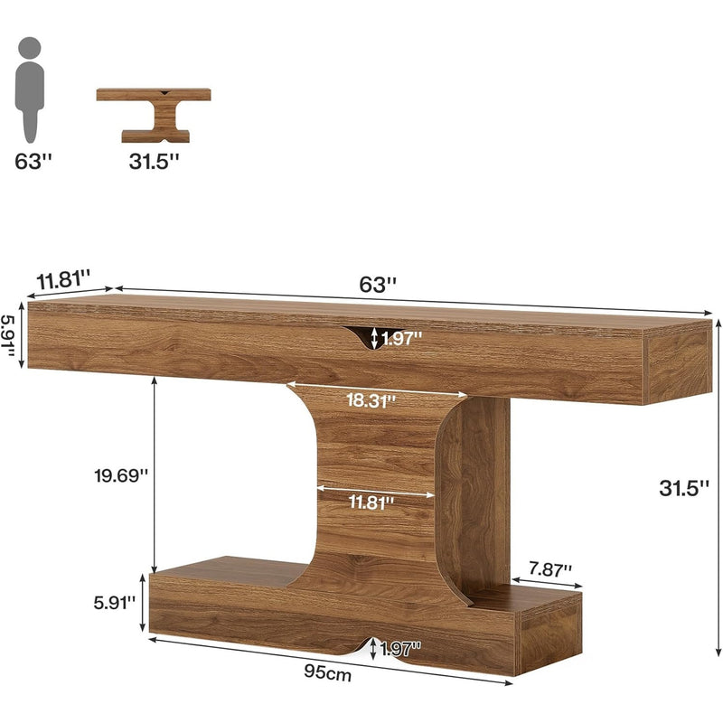 Tribesigns Offset 63" x 32" x 12" Console Table for Living Room/ Entryway, Brown